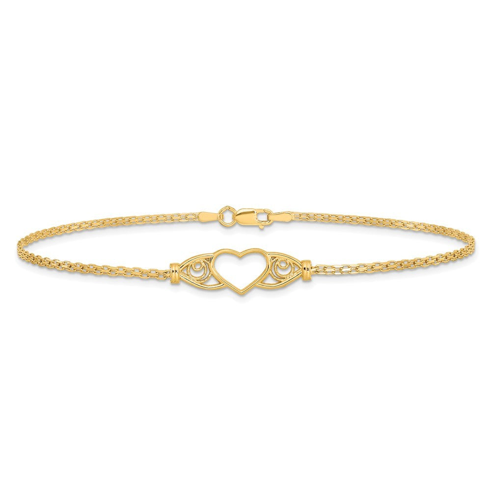 14k Yellow Gold Polished Open Heart with Filigree and Bismark Chain 10" Anklet