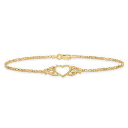 14k Yellow Gold Polished Open Heart with Filigree and Bismark Chain 10" Anklet