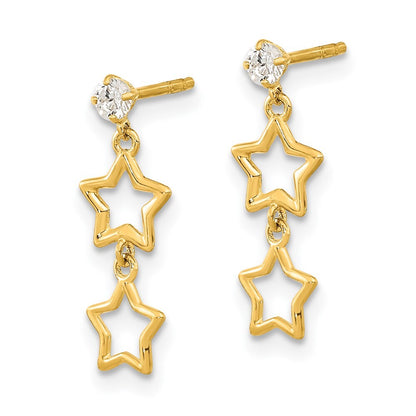 14k Yellow Gold Polished Dangle Star with Cubic Zirconia Earrings