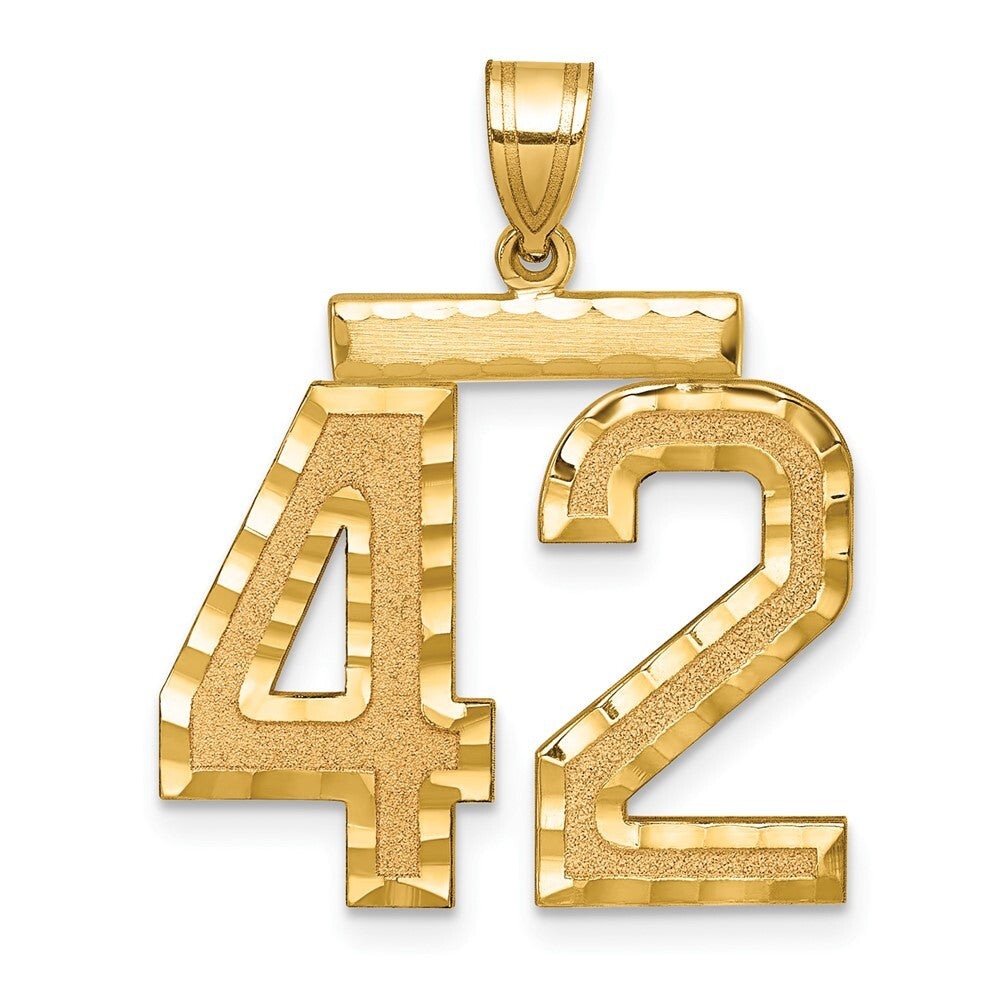 14k Yellow Gold Large Brushed Diamond-cut Number 42 Charm Pendant for Women