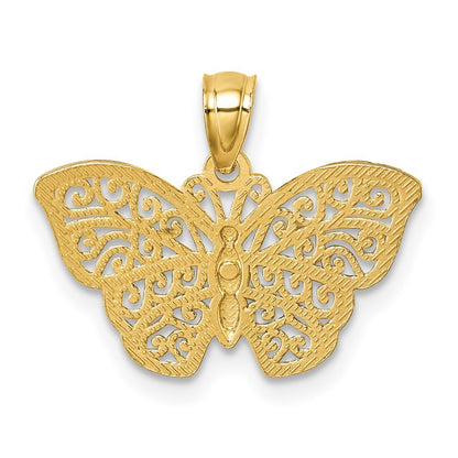 14k Yellow Gold Polished with Rhodium Diamond-cut Filigree Butterfly Pendant