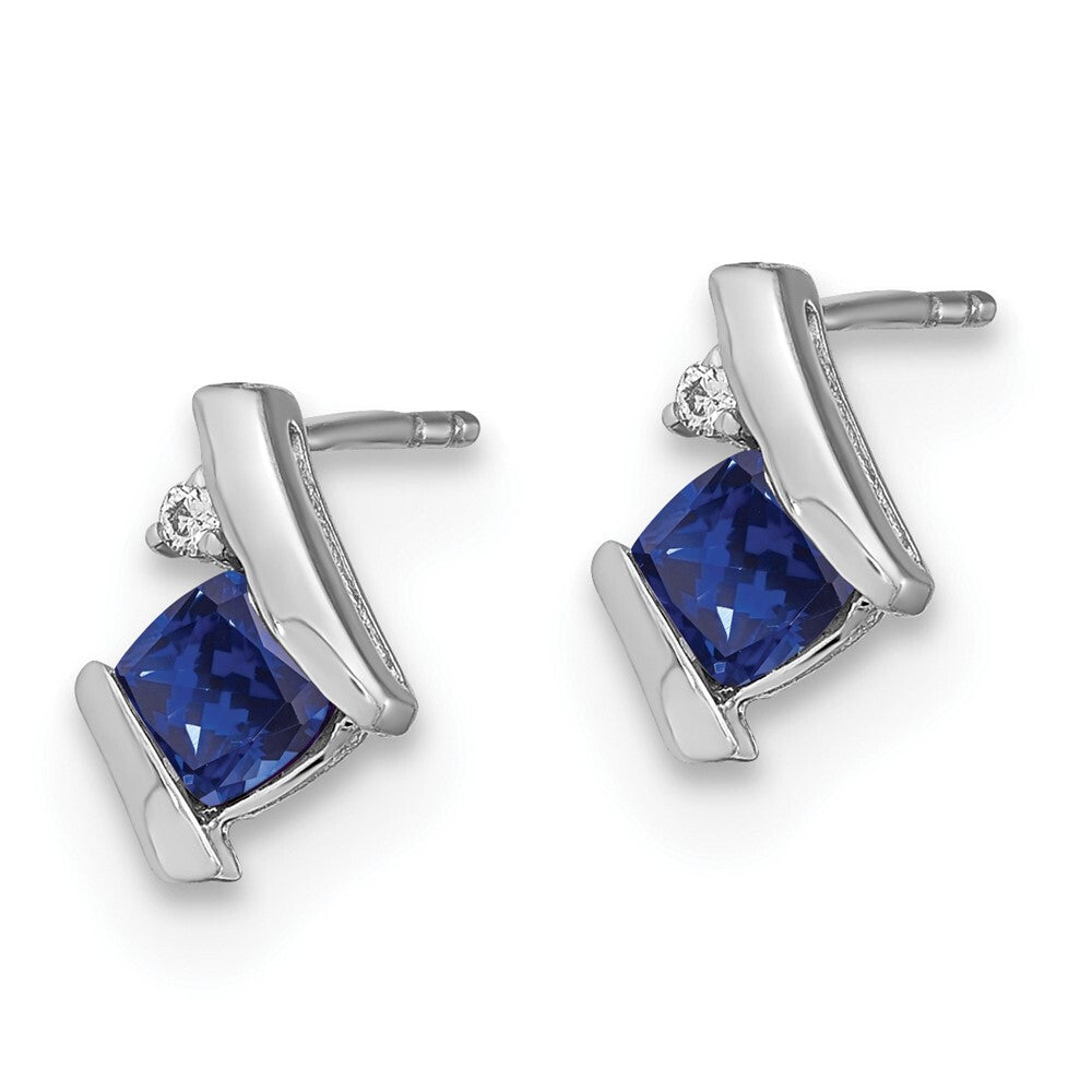 14K White Gold Cushion Cr. Sapphire and Diamond Stud Earrings