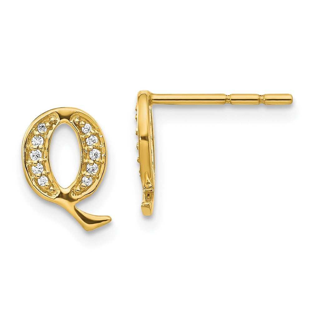 14k Yellow Gold Diamond Initial Q Stud Earrings Gift for Women