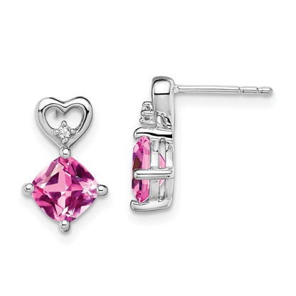14k White Gold Created Pink Sapphire and Diamond Heart Drop & Dangle Earrings