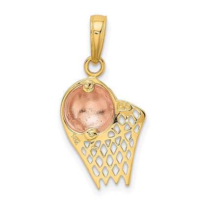 14k Two-tone Gold Basketball Hoop with Ball Pendant for Women