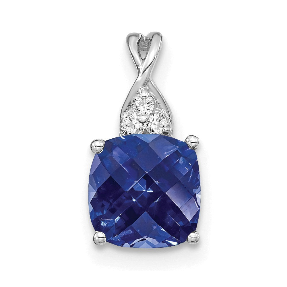 14k White Gold Checkerboard Created Sapphire and Diamond Pendant