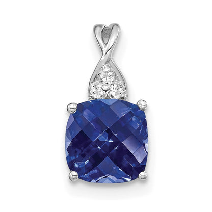 14k White Gold Checkerboard Created Sapphire and Diamond Pendant