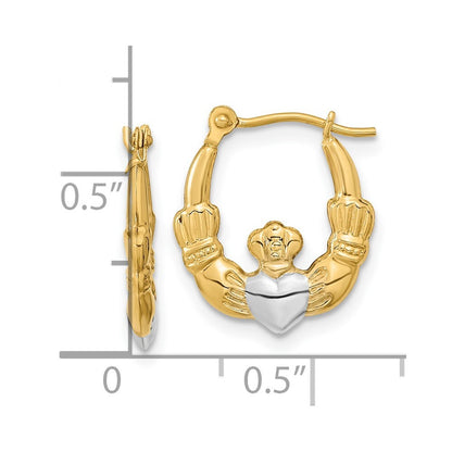 14k Yellow Gold w/White Rhodium Polished Claddagh Hoops