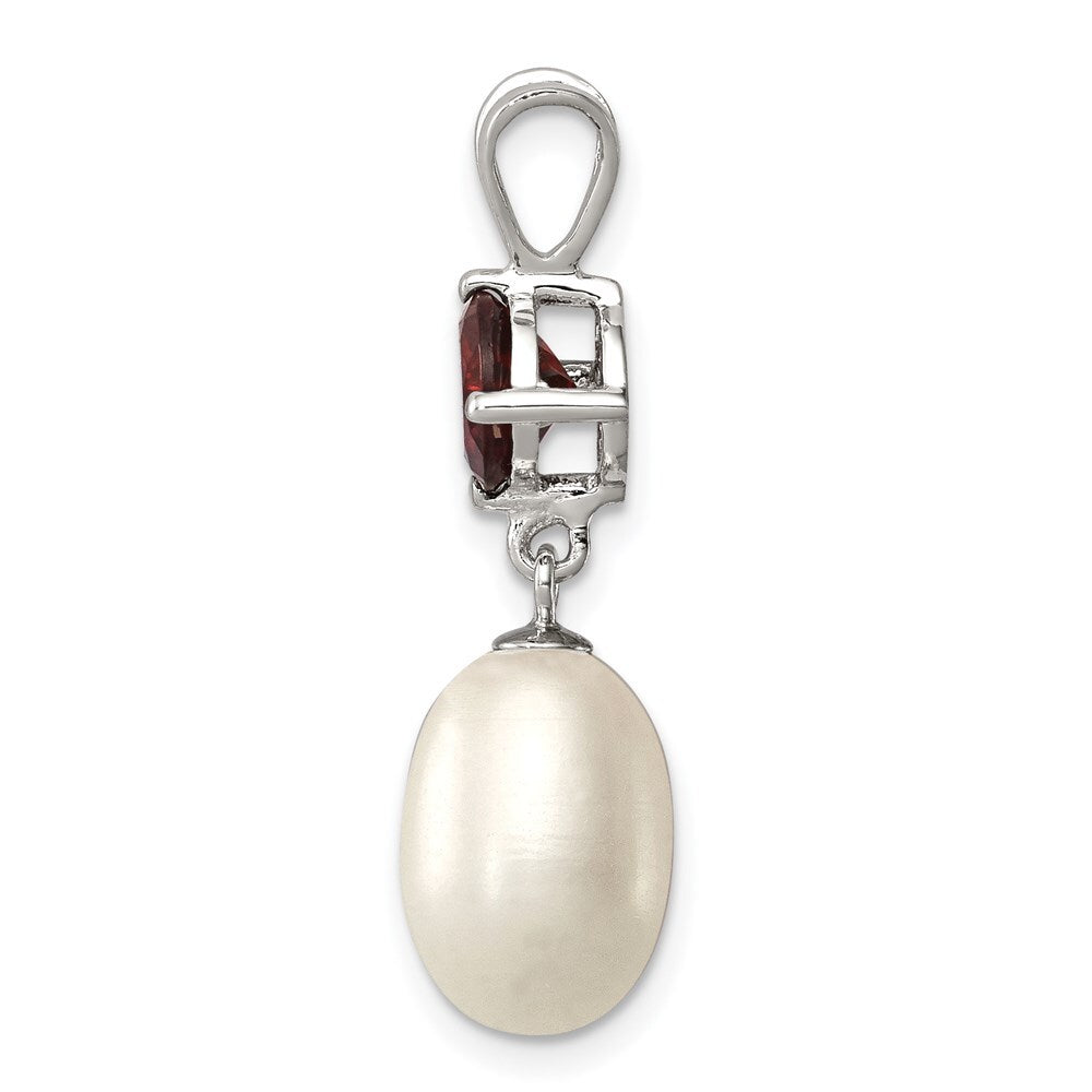 Sterling Silver 8-9mm White Freshwater Cultured Pearl and 1.00GA Garnet Pendant