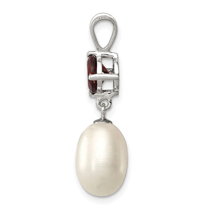 Sterling Silver 8-9mm White Freshwater Cultured Pearl and 1.00GA Garnet Pendant