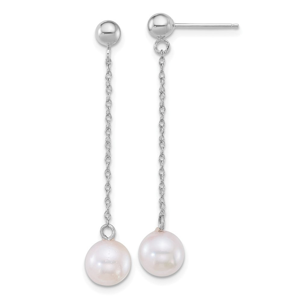 14k White Gold Polished 7mm Akoya Saltwater Cultured Pearl Chain Dangle Earrings