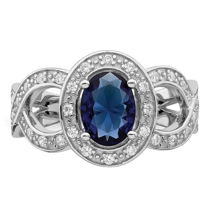 Sterling Silver Rhodium plated Dark Blue Glass & Cubic Zirconia Ring Size 7
