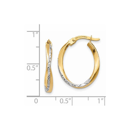 14k Yellow Gold White Rhodium Textured and Polished Oval Hoop Earrings
