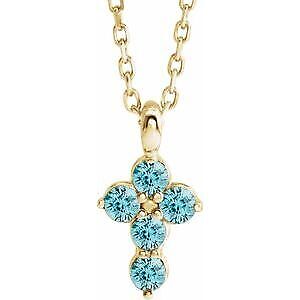 14k Yellow Gold Natural Blue Zircon Cross Pendant Necklace 16-18"