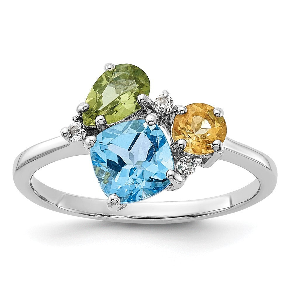 SS Rh Lt.Swiss Blue Topaz/ White Topaz and Peridot and Citrine Ring Size 7