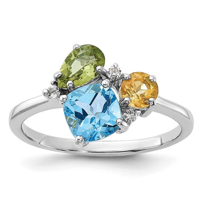 SS Rh Lt.Swiss Blue Topaz/ White Topaz and Peridot and Citrine Ring Size 7
