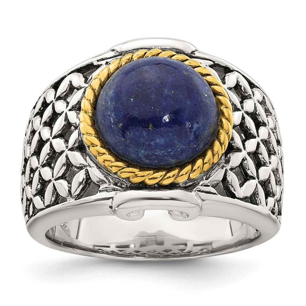 Sterling Silver Antiqued Gold Accent Lapis Cabochon Woven Pattern Ring Sz 7