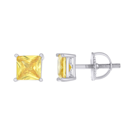 Sterling Silver Yellow Princess-Cut Cubic-Zirconia 6mm Solitaire Stud Earrings