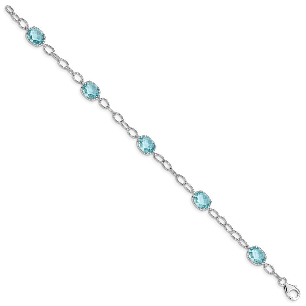 Sterling Silver Rhodium-plated Aqua Blue CZ Textured Link Bracelet