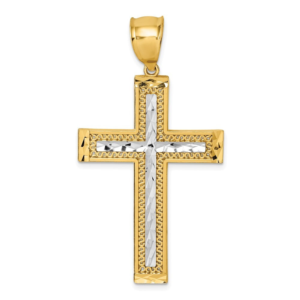14k Yellow Gold Polished Rhodium Diamond-cut Textured Fancy Cross Pendant