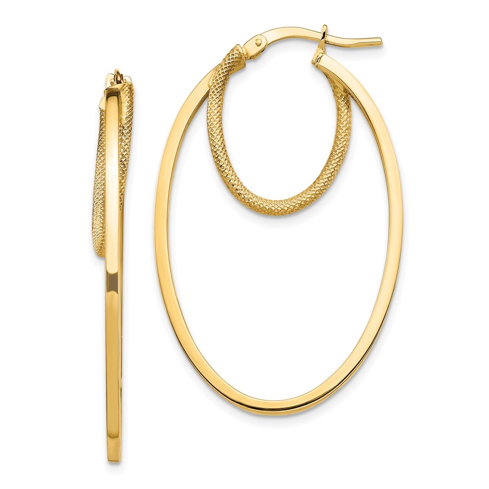 14k Yellow Gold Polished & Textured Double Oval Hoop Earrings