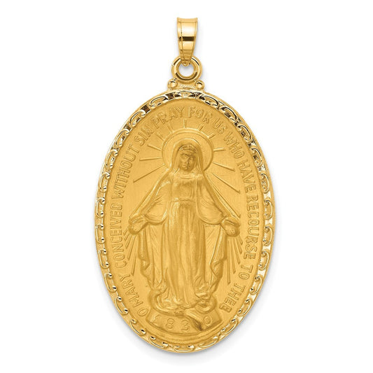 14k Yellow Gold Satin and Polished Miraculous Medal Solid Oval Pendant
