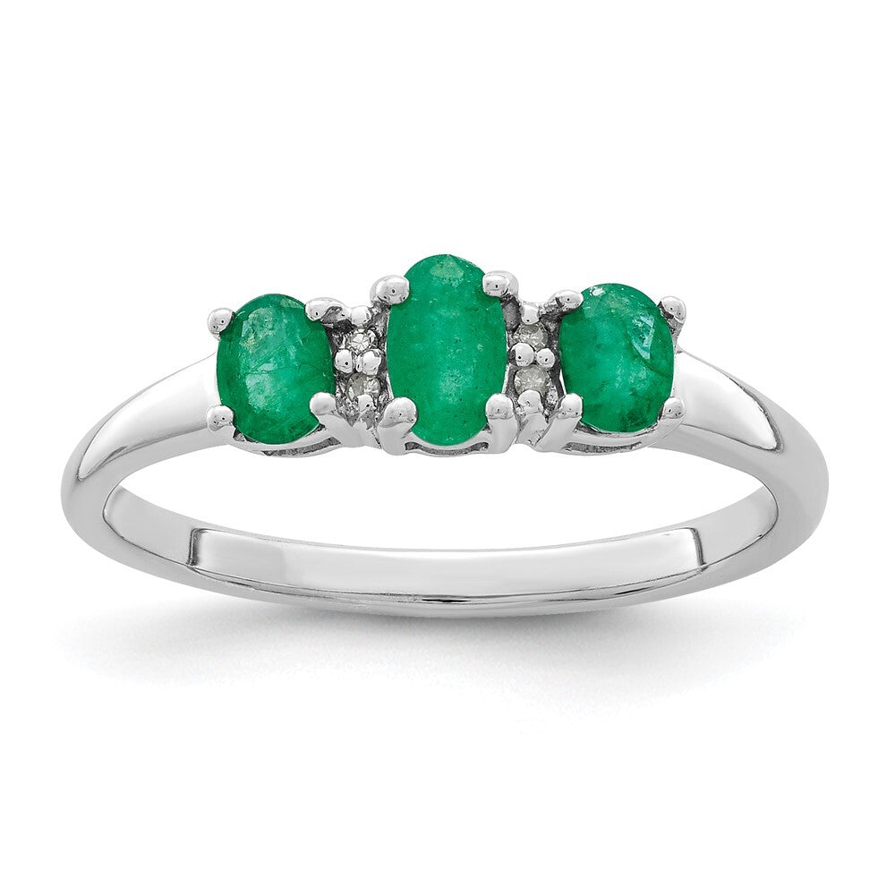 Sterling Silver Rhodium-plated Emerald 3 Stone and Diamond Ring Size 7