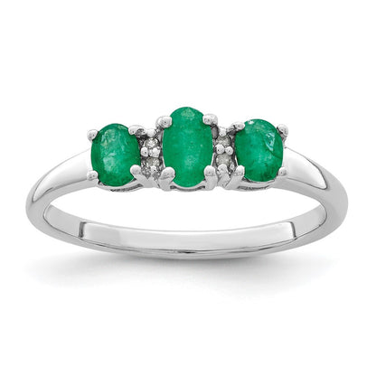 Sterling Silver Rhodium-plated Emerald 3 Stone and Diamond Ring Size 7