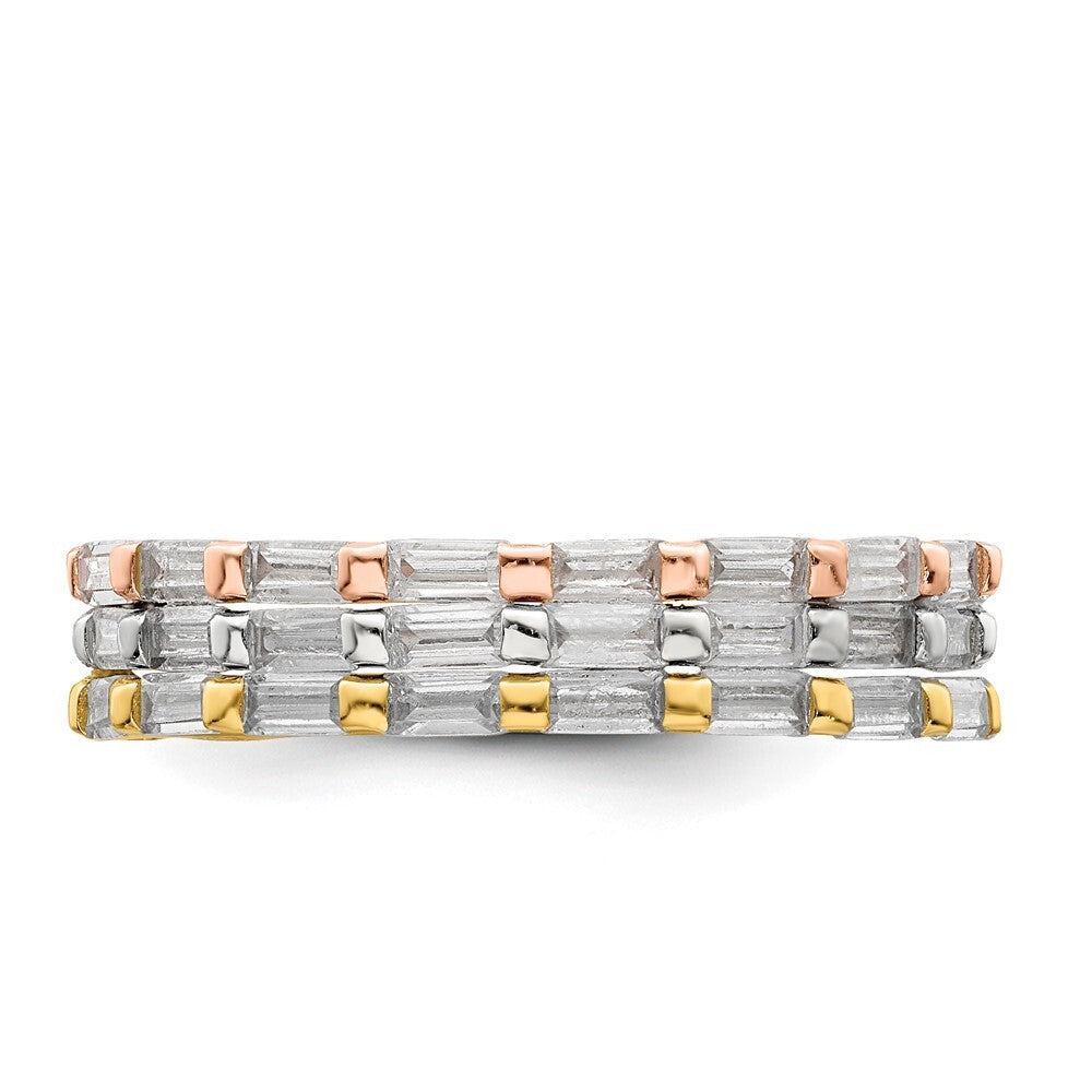 Sterling Silver Rose & Gold-tone Baguette CZ Eternity 3 Band Set Size 7