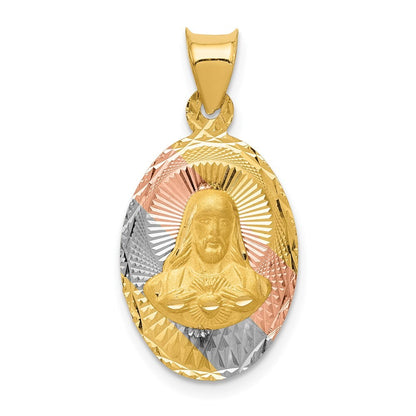 14k Yellow Gold Rose and White Rhodium Diamond-Cut Sagrado Corazon Oval Pendant