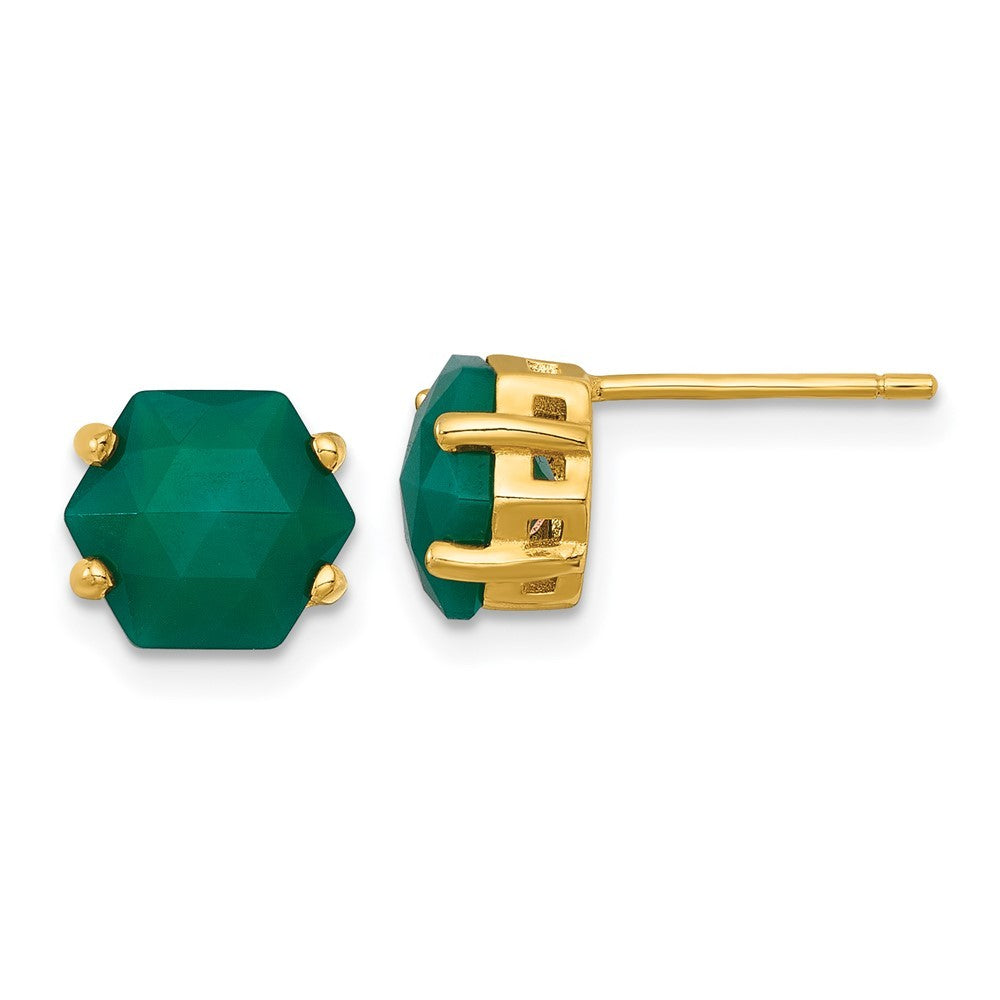 Sterling Silver Gold-tone Polished Hexagon Green Chalcedony Earrings