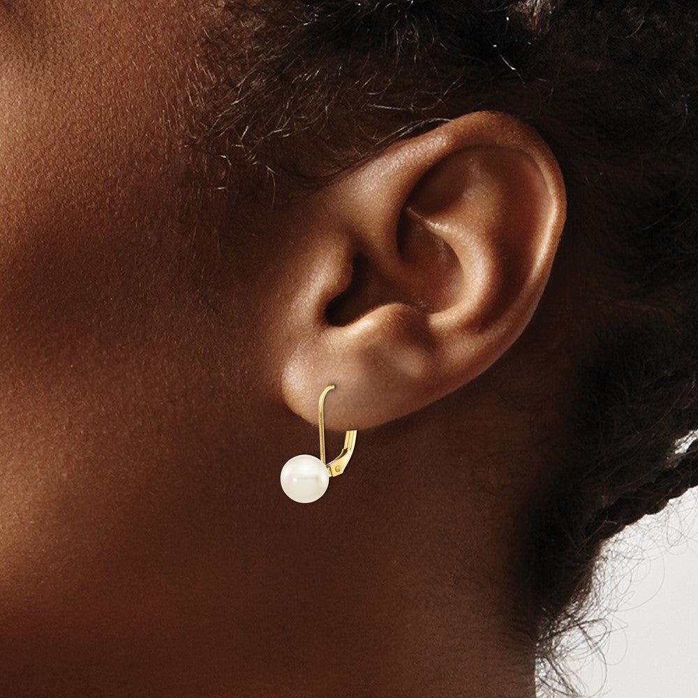 14k Yellow Gold 7mm White Saltwater Akoya Cultured Pearl Dangle Earrings