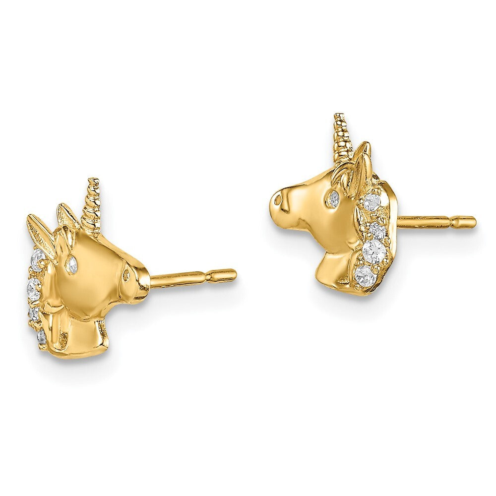 14k Yellow Gold Unicorn Cubic Zirconia Stud Earrings Gift for Women