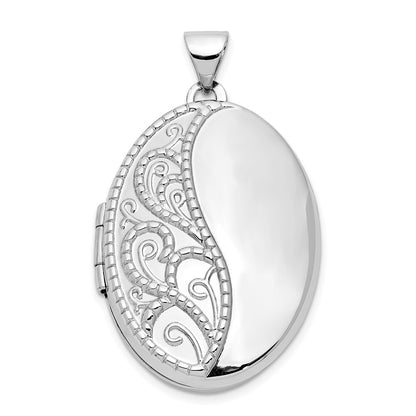 14k White Gold 26mm 1/2 Hand Engraved Scroll Oval Locket Pendant for Women