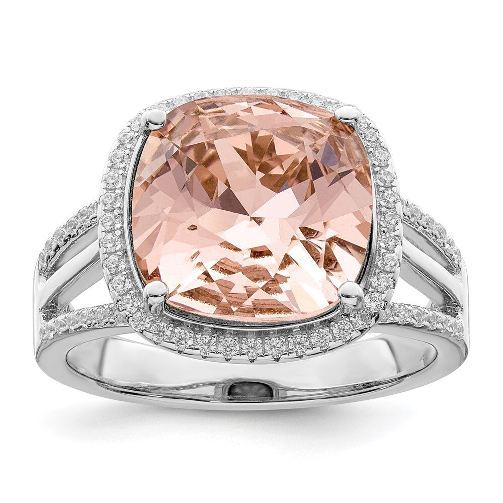 Sterling Silver Rhodium-plated Polished CZ & Peach Crystal Ring Size 6