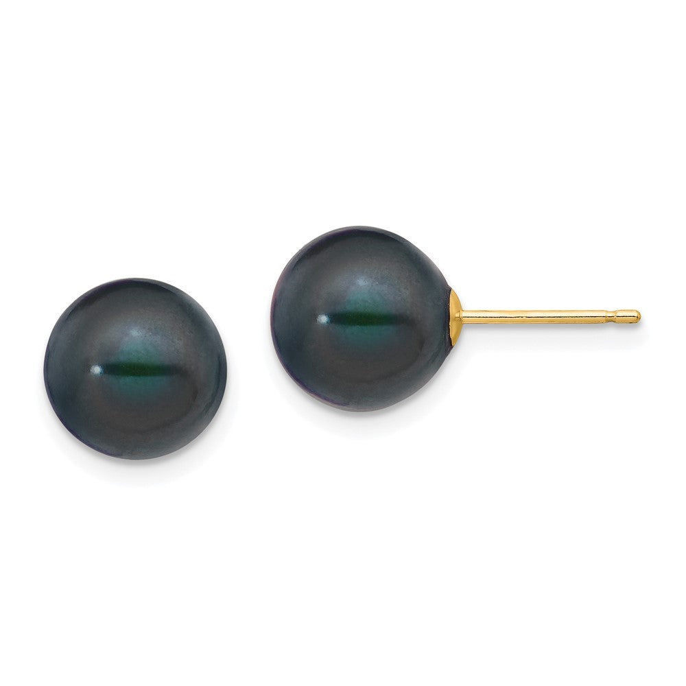 14k Yellow Gold 9-10mm Black Round Freshwater Cultured Pearl Stud Earrings