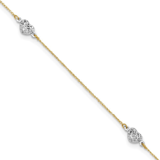 14k Two-tone Diamond-cut Triple Puffed Hearts 11" Anklet