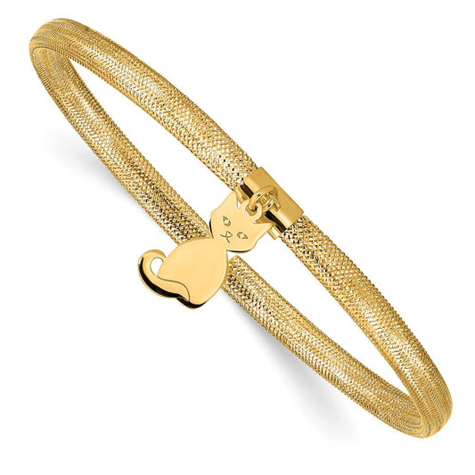 14k Yellow Gold 4mm Cat Dangle Woven Mesh Slip-on Stretch Bracelet