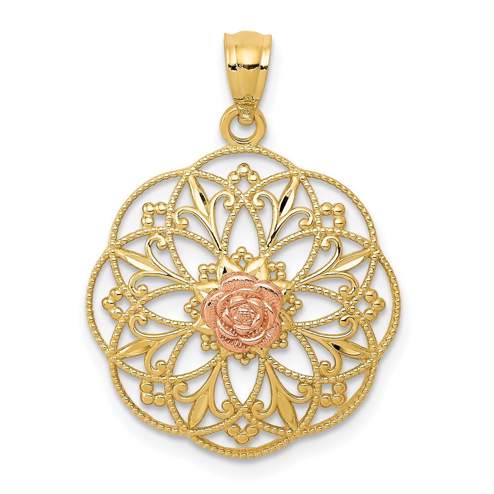 14k Two-tone Gold Yellow and Rose Polished Rose in Round Filigree Charm Pendant