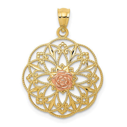 14k Two-tone Gold Yellow and Rose Polished Rose in Round Filigree Charm Pendant