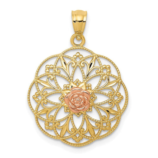 14k Two-tone Gold Yellow and Rose Polished Rose in Round Filigree Charm Pendant