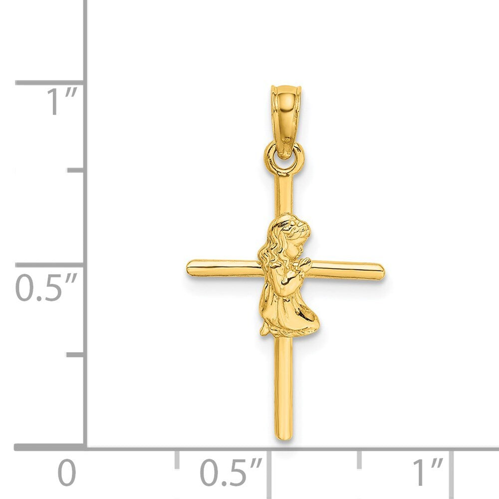 14k Yellow Gold Praying Girl Cross Charm Pendant for Women