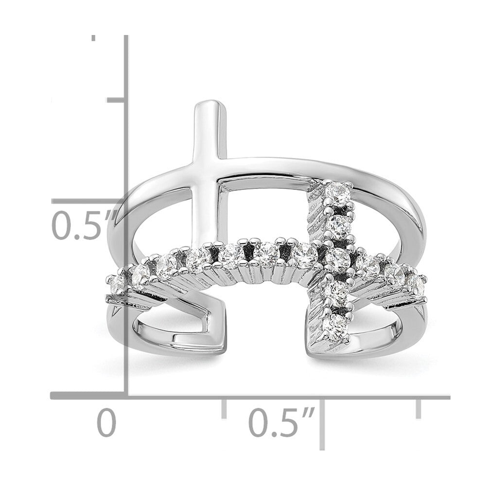 Sterling Silver Rhodium-plated Double Cross CZ Open Back Ring Size 7