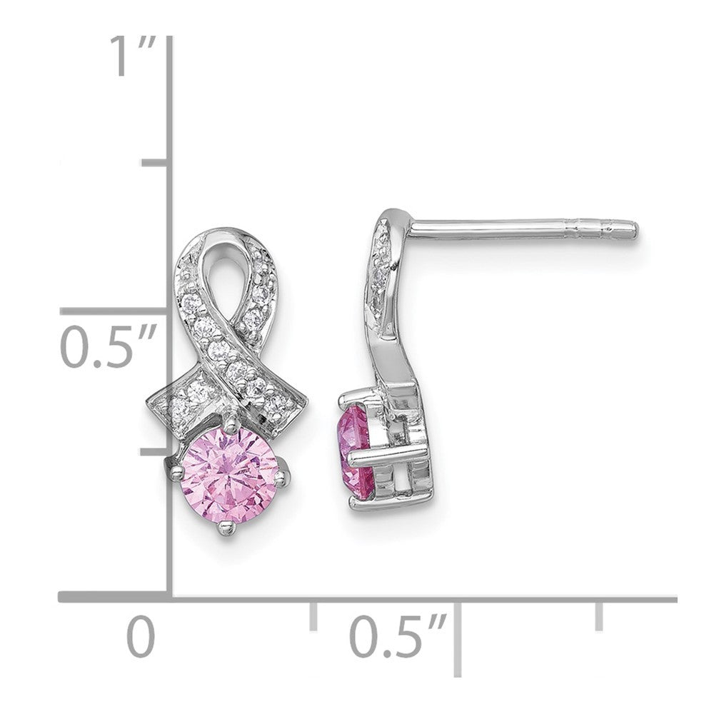 Sterling Silver Polished Round Pink and CZ Awareness Ribbon Earrings