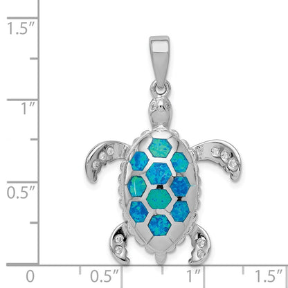 Sterling Silver Created Blue Opal Inlay Cubic Zirconia Tortoise Pendant