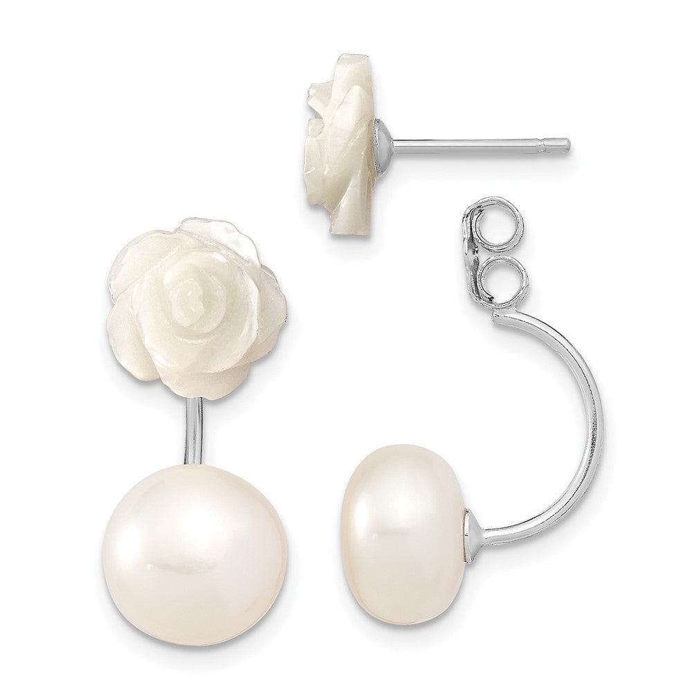 Sterling Silver Freshwater Cultured Pearl & Mother Flower Front & Back Earrings