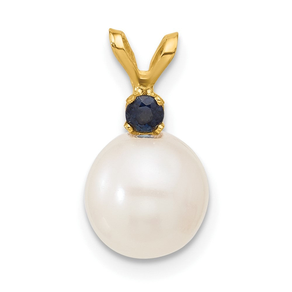 14k Yellow Gold 8mm Round Freshwater Cultured Pearl & Sapphire Pendant