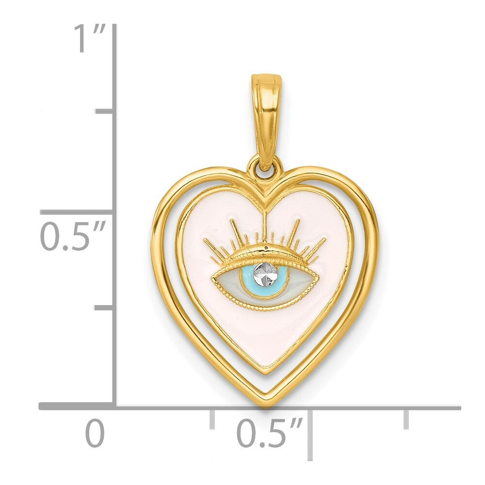 14k Yellow Gold White Rhodium Multi Color Enamel Eye In Heart Charm Pendant