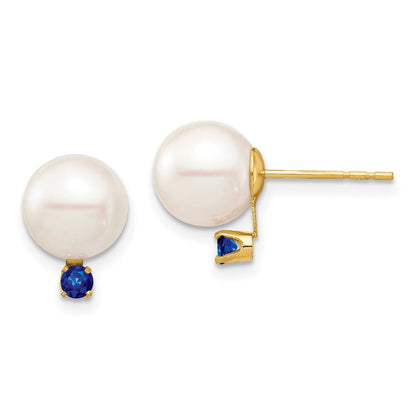 14k Yellow Gold 8-8.5mm Cultured Pearl & Sapphire Stud Earrings for Women