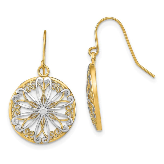 14k Yellow Gold w/Rhodium Filigree Medallion Dangle Earrings